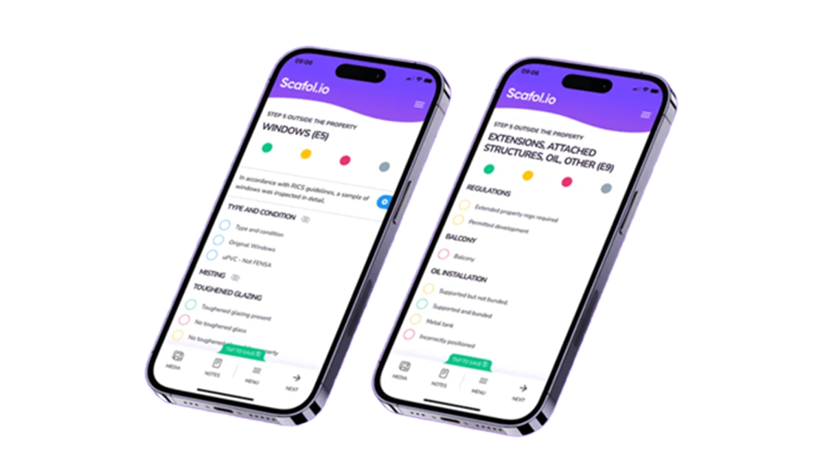 The Scafol survey-writing app shown on two iPhones